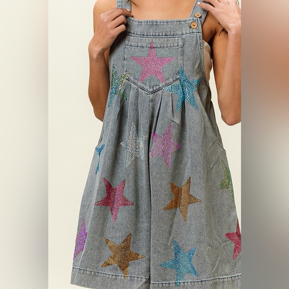 BiBi Star Rhinestone Washed Wide Leg Shortalls - Picture 14 of 14